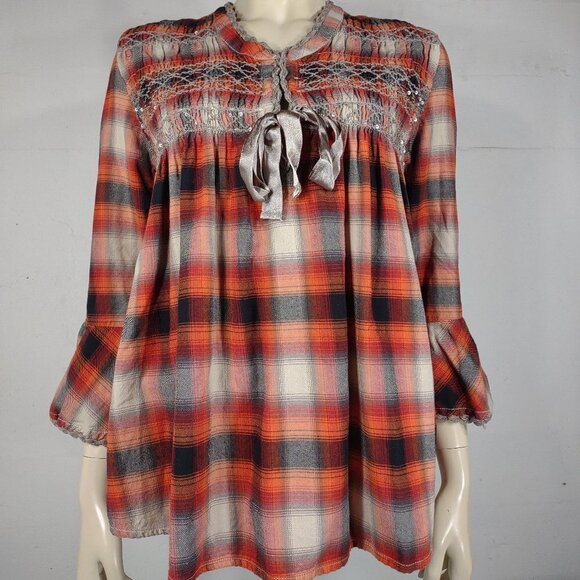 Sundance orange plaid smocked A-Line bell sleeve peasant top blouse ladies Small - Picture 1 of 6